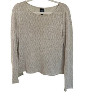 Eileen Fisher Linen Crochet Knit Sweater Gold Medium Open Knit Long Sleeve Top